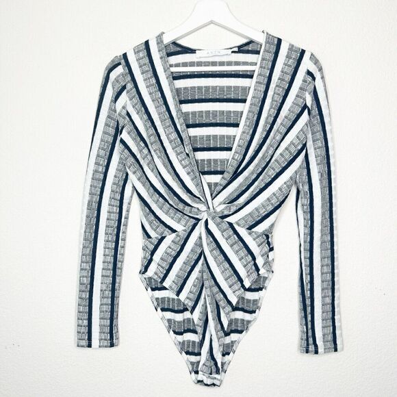 Astr Black White and Gray Striped Twist Front Plunge Neck Bodysuit M - Picture 2 of 11